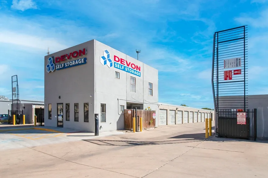 Devon Self Storage office exterior with gated entry and secure access to drive-up units